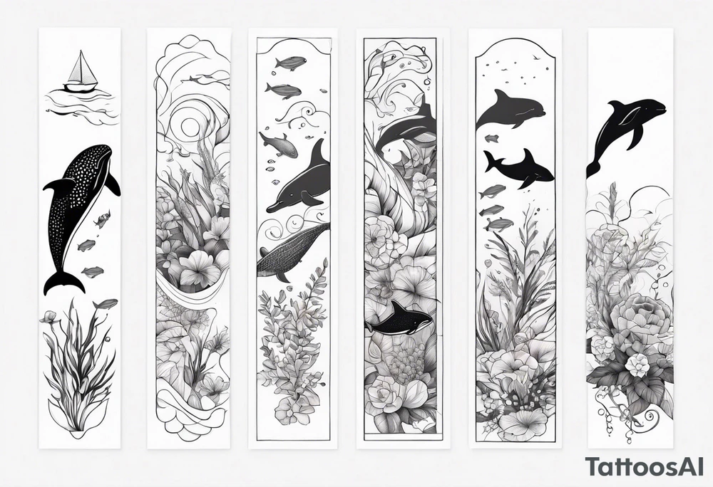 floral leg sleeve with stingray, dolphin, turtle,whale,fish, manatee tattoo idea