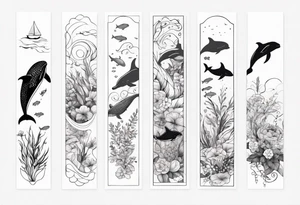 floral leg sleeve with stingray, dolphin, turtle,whale,fish, manatee tattoo idea