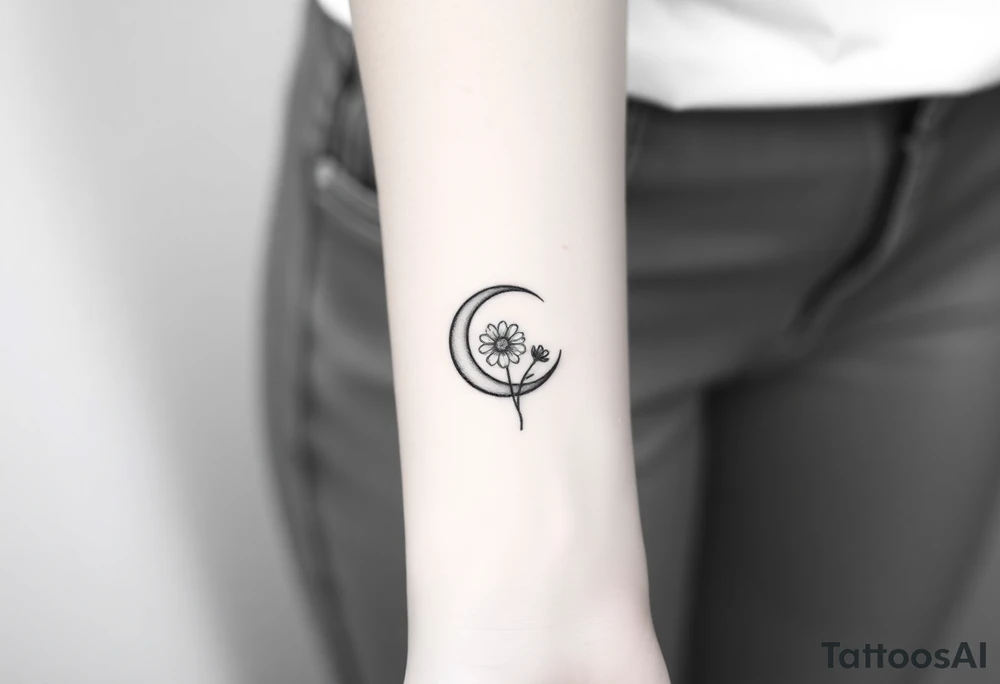 Small black and white tattoo waxing crescent moon with small Daisy birth flower and tiny Leo gliph tattoo idea