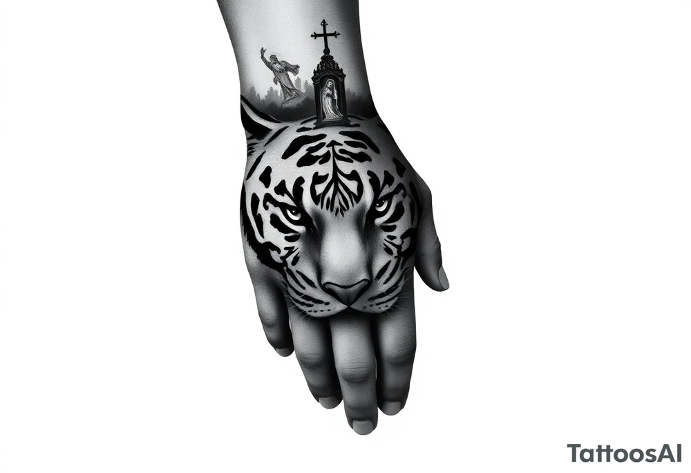 in a dorsal view of the hand and forearm a tiger face on the hand with black hollowed eyes, then above this a orthodox church shrouded with a mist and fading into a virgin mary overlooking tattoo idea