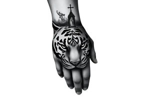 in a dorsal view of the hand and forearm a tiger face on the hand with black hollowed eyes, then above this a orthodox church shrouded with a mist and fading into a virgin mary overlooking tattoo idea