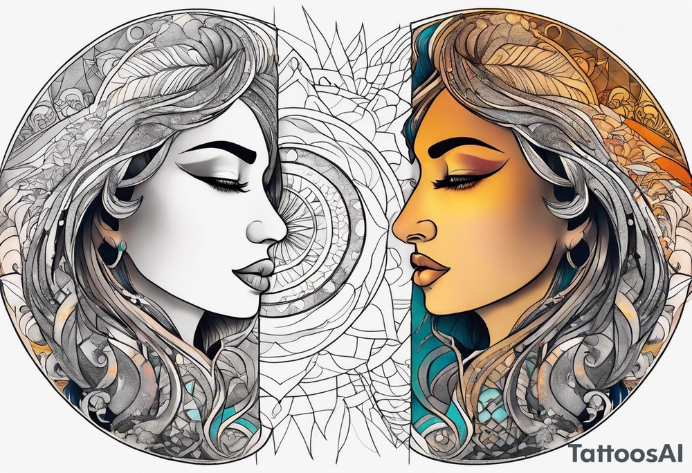 single face 
half of the face is a woman representing the sun, and the second half is a man representing the moon. The sun has a lake, and the moon has a desert nose. They are the same. tattoo idea