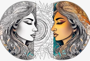 single face 
half of the face is a woman representing the sun, and the second half is a man representing the moon. The sun has a lake, and the moon has a desert nose. They are the same. tattoo idea