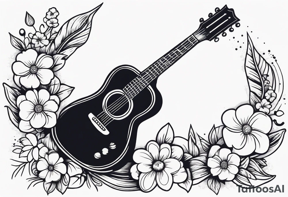 old school traditional vintage style design of guitar with flowers surrounding it tattoo idea