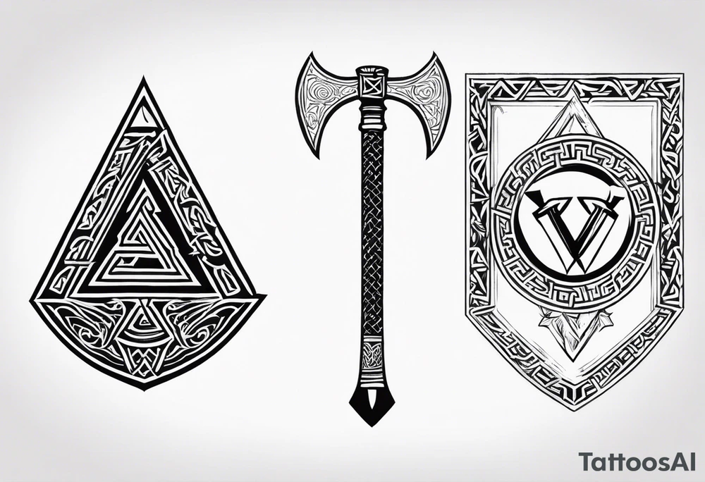 Valhalla sword shield axe Valknut tattoo idea