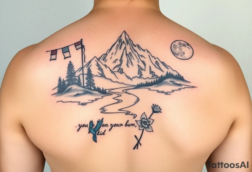 upper arm tattoo with buddhist prayer flags, mountain, river, "you're on your own, kid", little blue bird, daffodil, and full moon tattoo idea