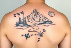 upper arm tattoo with buddhist prayer flags, mountain, river, "you're on your own, kid", little blue bird, daffodil, and full moon tattoo idea