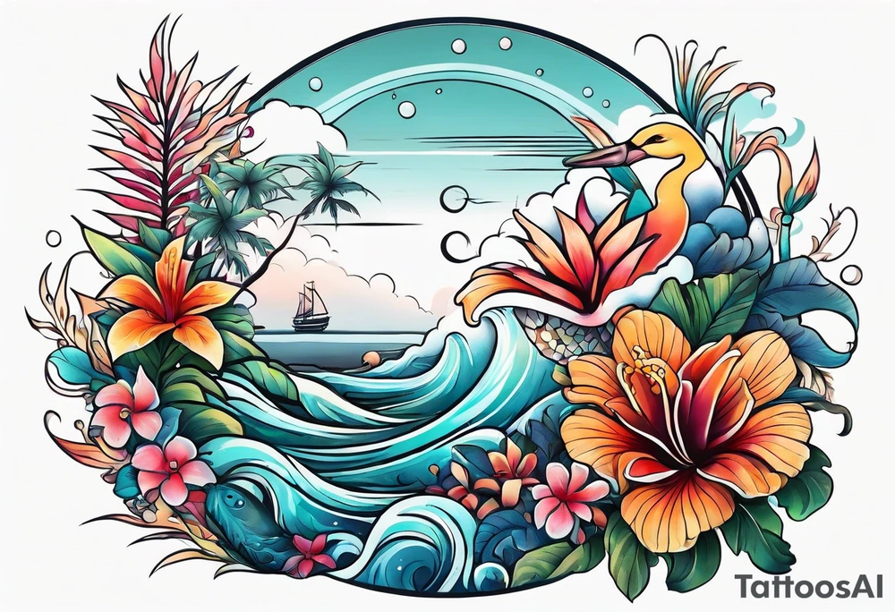 sea, flower, palm, animal tattoo idea