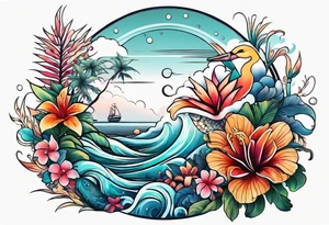sea, flower, palm, animal tattoo idea