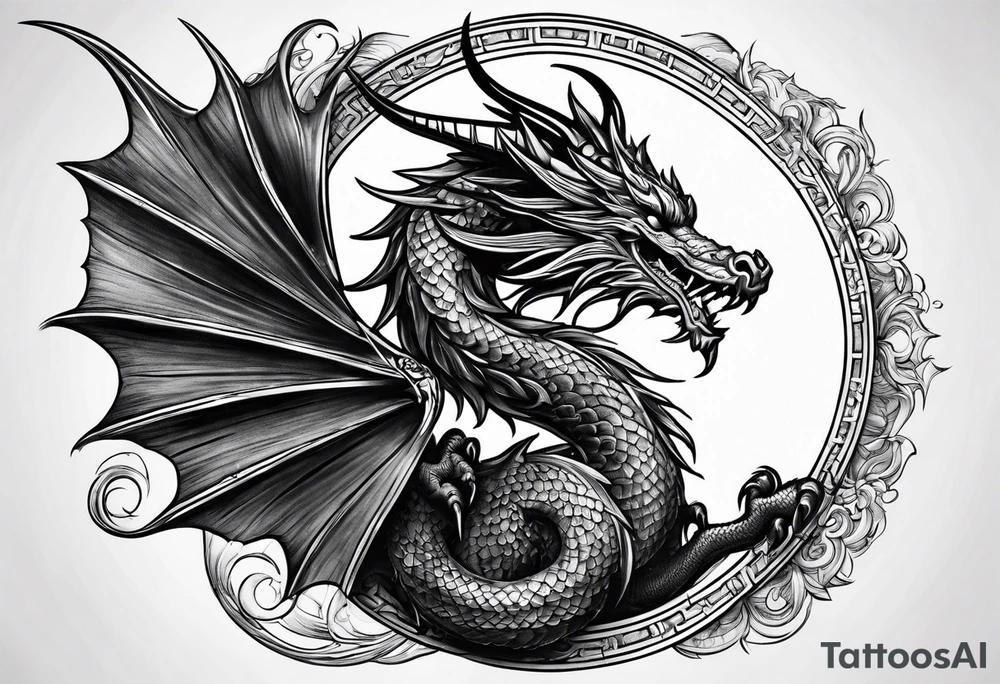 Dragon roman empire building straight lines sun moon tattoo idea