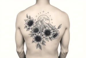 Forearm wrap around tattoo with roses and vine with sunflowers moon and stars mountains tattoo idea