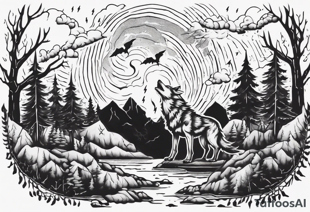 a thunder and lightning storm over a forest with a distant wolf howling and a drum circle tattoo idea a thunder and lightning storm over a forest with a distant wolf howling and a drum circle tattoo idea