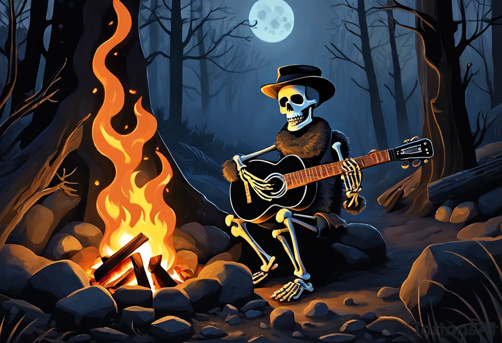 Foreground: The skeleton in a coal miner's hat, animatedly playing the banjo. The light from the campfire illuminates the skeleton and the nearby surroundings, casting intricate shadows.
Midground: The glowing campfire, with flames realistically designed in black and grey shades to emphasize movement and light.
Background: Subtle outlines and shading of rhododendron plants, giving a natural and dense feel to the woods. These can be stylized to blend seamlessly with the style of the tattoo.
Sky: A night sky speckled with stars, adding depth and a sense of time to the scene, with the stars providing a contrast against the dark sky. tattoo idea
