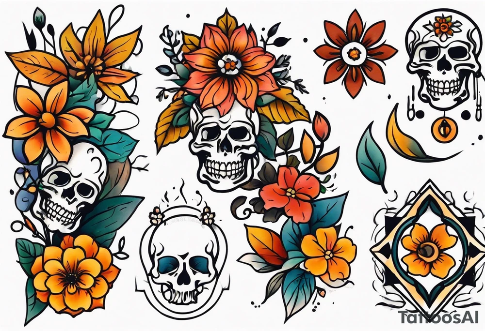 Old school center Knee tattoo with skulls, various flowers, water shapes and fall colors tattoo idea