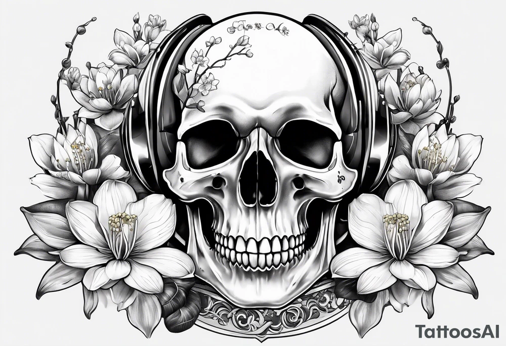 human skull, deer skull, water lily, cherry blossoms with roller coaster track and lily of the valley for fill tattoo idea