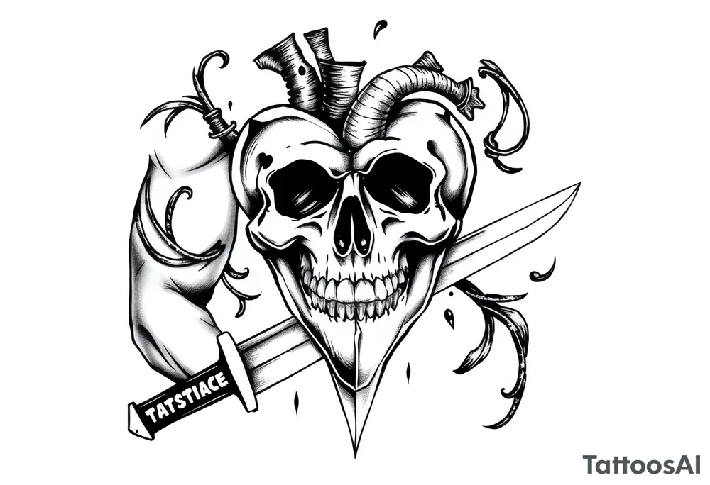 A broken heart with a shadow skull and a knife showing no remorse with all my pains in my life tattoo idea