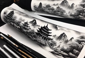 forearm sleeve traditional chinese art painting Chinese temple buddha wearing robes and drinking tea mountains mist fog waterfall tattoo idea