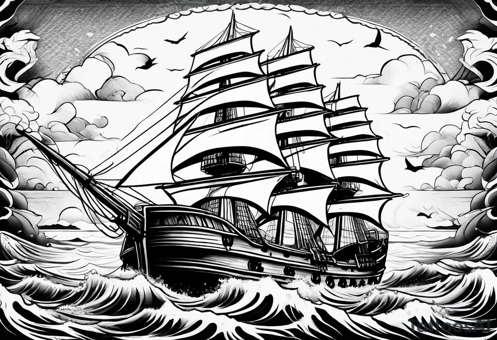 huge ship hitting the wives in the sea tattoo idea
