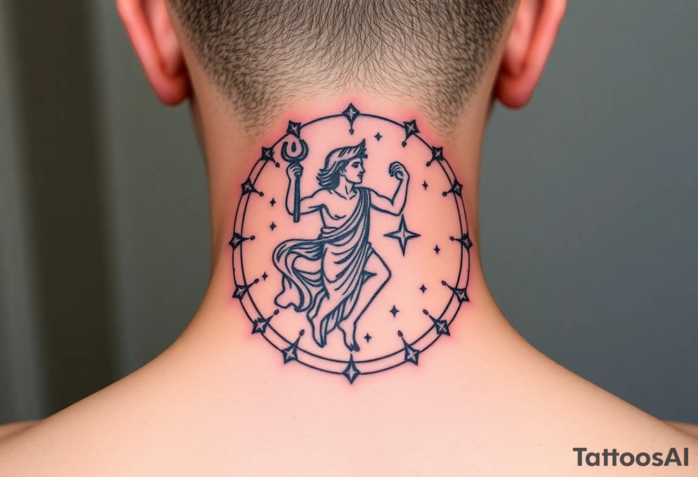 For the tattoo, you could have Apollo at the center of the constellation or circle of stars, holding his lyre (which represents harmony and creativity) or a bow (symbolizing precision and aiming toward your goals). His radiance could emanate outward, subtly merging with the stars or constellation, representing how your potential—though it might still be unfolding—is being guided and illuminated by his influence.

You could also place the one "unreached" star just slightly outside of the central circle, with Apollo’s light reaching toward it, signifying that while you may not have fully realized your potential yet, it's something that Apollo's guidance can help bring into focus. On the arm and part of a sleeve tattoo idea
