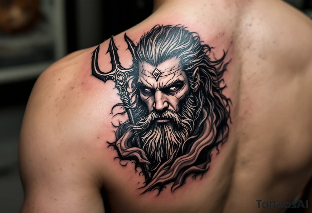 fit poseidon, behind a trident, with sunset tattoo idea