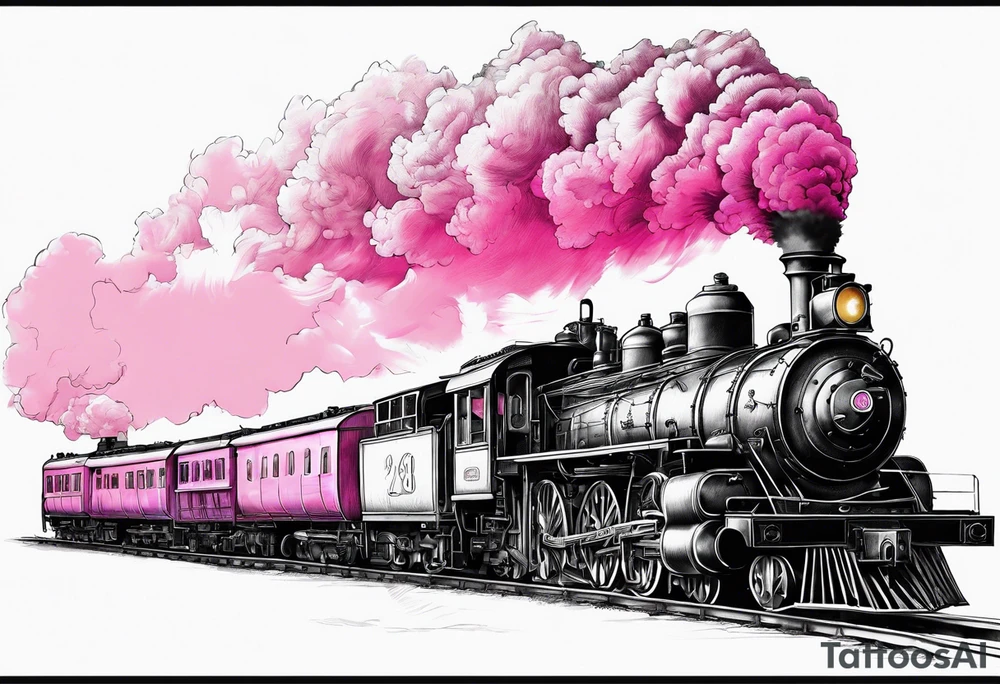 Mountain steam train with pink background tattoo idea