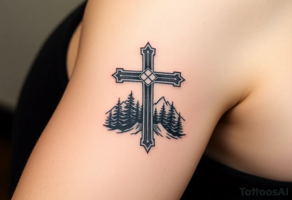 russian orthodox cross with the diagonal line at the bottom with a light forrest with a light mountainous setting tattoo idea