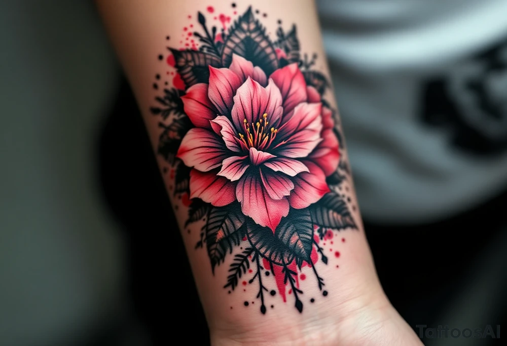 red  and black rhododendron trippy with mandala behind tattoo idea