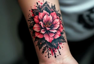 red  and black rhododendron trippy with mandala behind tattoo idea