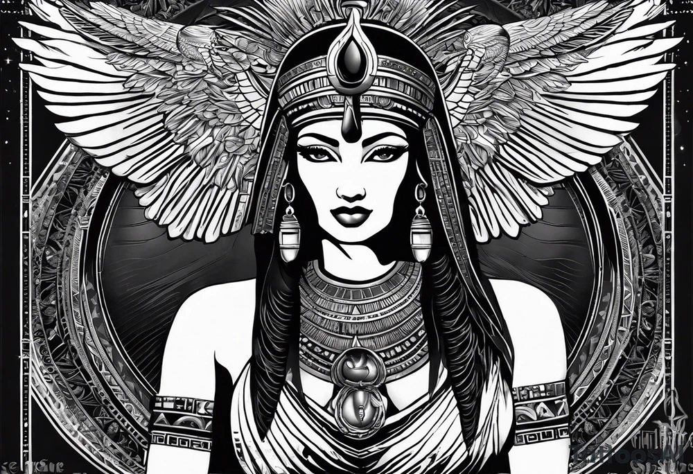 black and white Egyptian goddess Isis, who is often depicted as a woman with outstretched wings, holding an ankh (a symbol of life) in one hand and a lotus flower in the other. Her headdress often includes a throne or a solar disk. The tattoo design can vary in style and size, but it typically aims to capture the essence of this revered Egyptian deity, emphasizing her beauty, power, and maternal qualities. The choice of colors and additional elements can also be customized to create a unique and visually striking representation of the goddess Isis tattoo idea