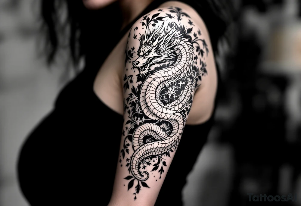 un dragon central entouré de fleurs de lys tattoo idea