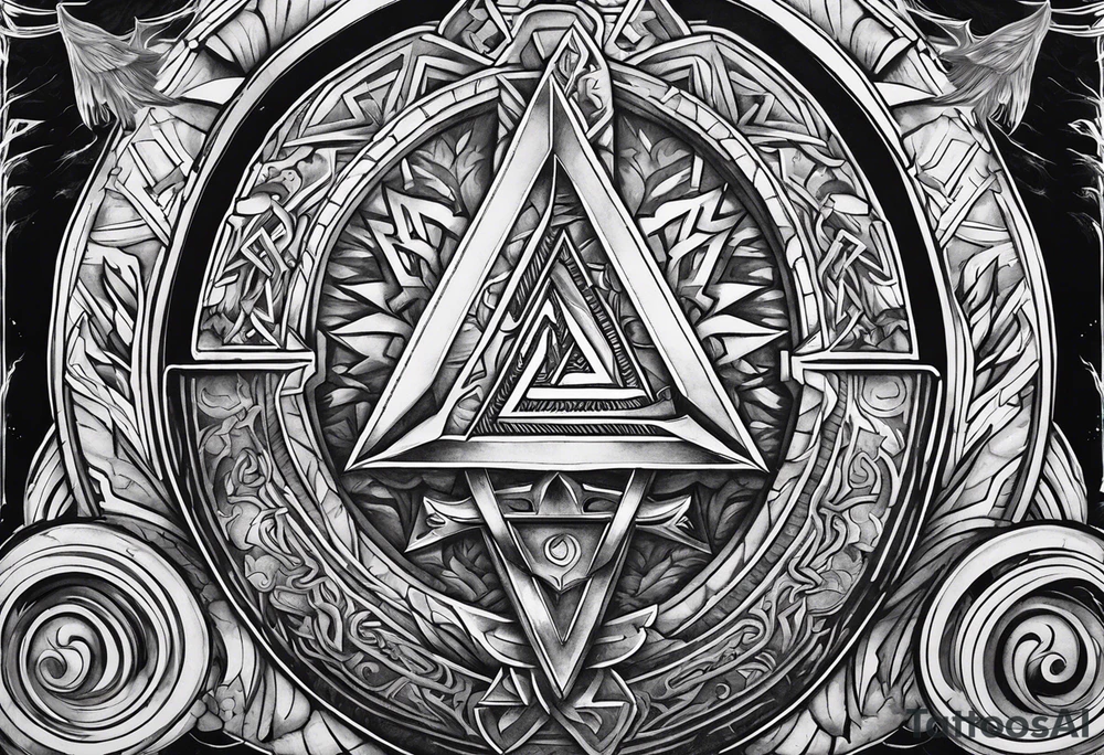 Valhalla sword shield  axe 
Valknut  ruins lightnings tattoo idea