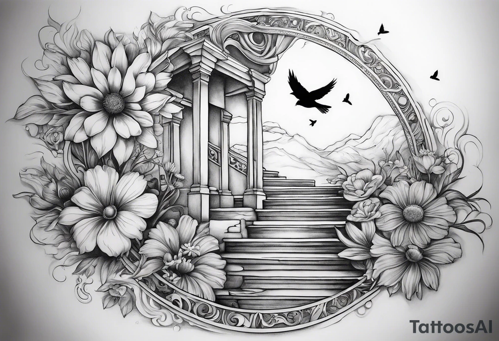 spiritual neck sleeve with a flying sparrow on side of neck with cosmos flower and a daisy flower and an iris flower, with staircase
 leading up to light and sunrays, ohm symbol about consciousness and transcendence tattoo idea
