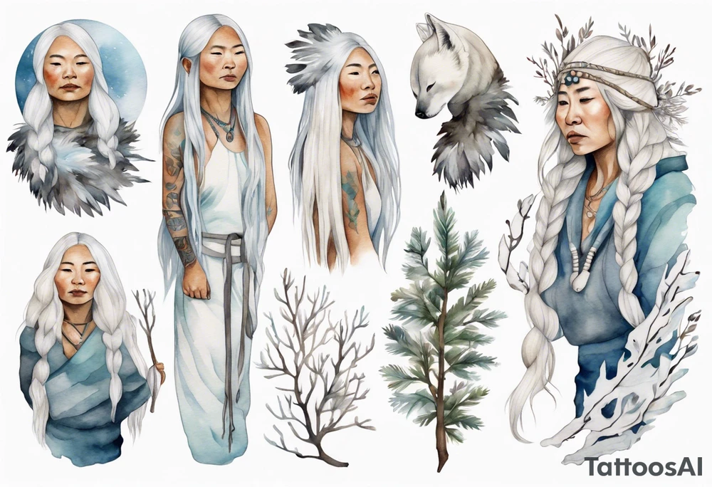 an Inuit woman with long white hair holding onto a white branch tattoo idea