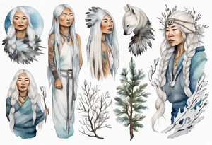 an Inuit woman with long white hair holding onto a white branch tattoo idea