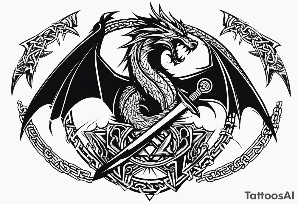 Valhalla sword shield dragon axe Valknut barbed wire chains tribal tattoo idea Valhalla sword shield dragon axe Valknut barbed wire chains tribal tattoo idea