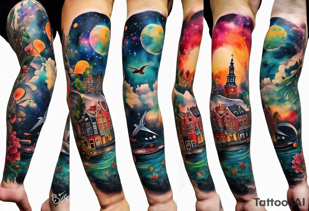Arm tattoo featuring wildlife and birds in canal in Amsterdam in space featuring galaxy colours and watercolour tattoo idea