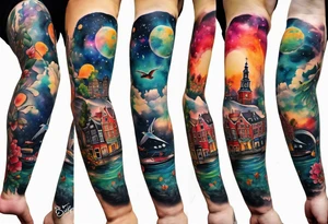 Arm tattoo featuring wildlife and birds in canal in Amsterdam in space featuring galaxy colours and watercolour tattoo idea