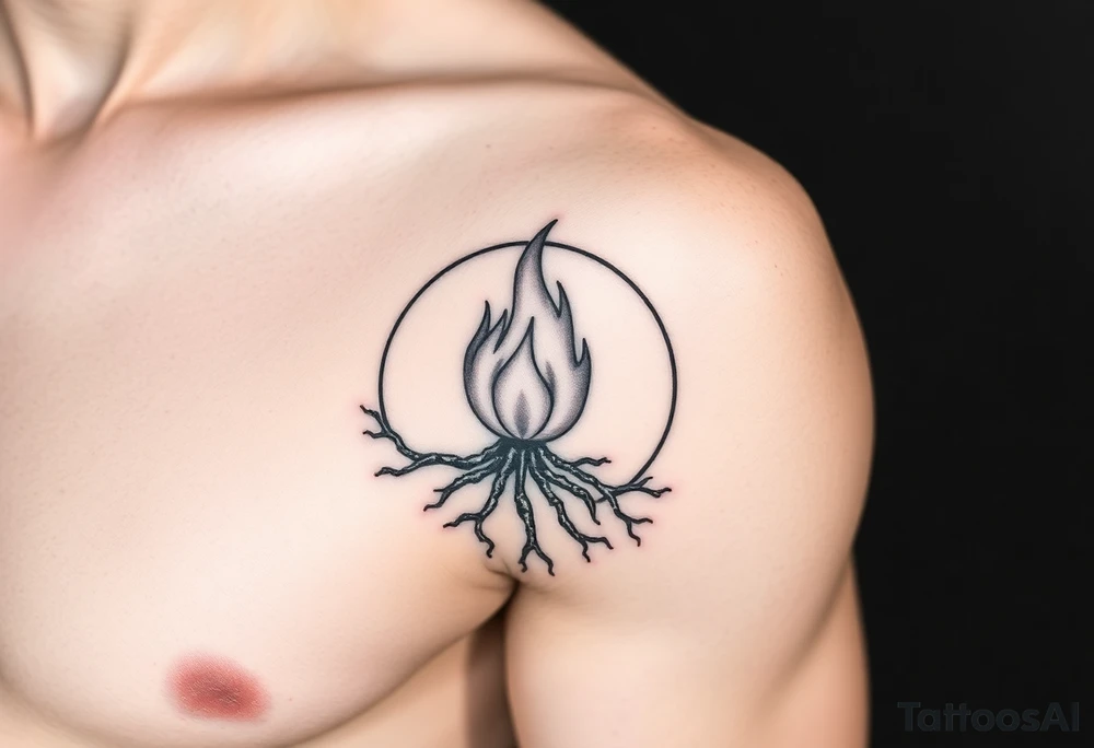 flame in a blooming roots circle tattoo idea