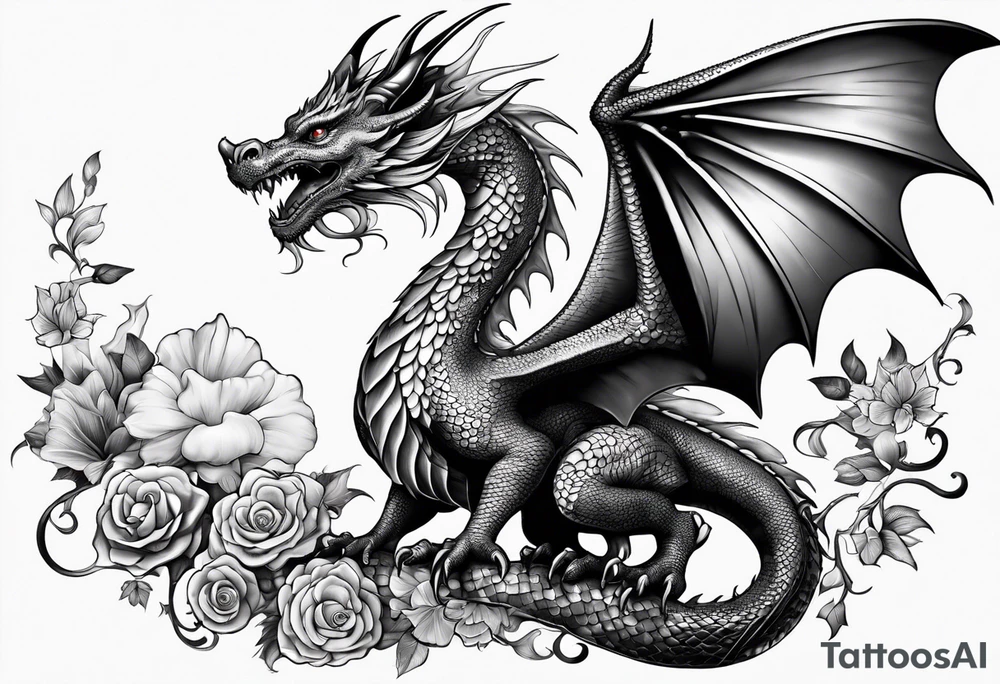 Beautiful female dragon with wings spread mushrooms in wings tattoo idea