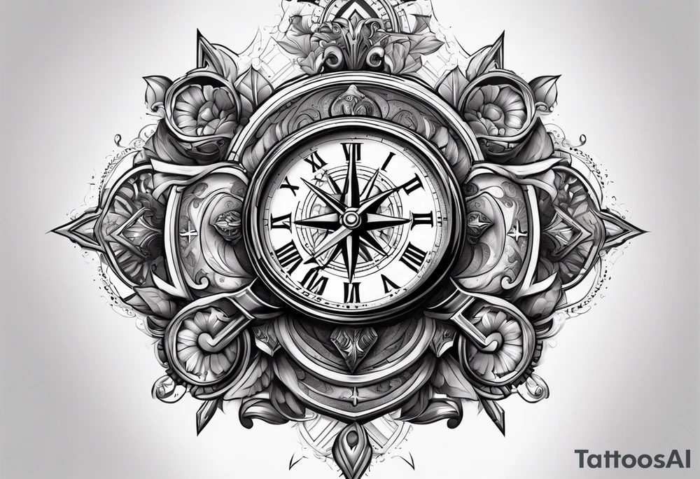Latin cross with clock on top of it and  compass under tattoo idea