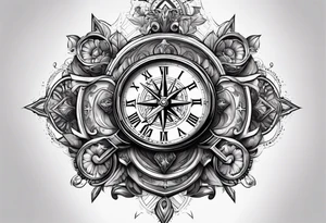 Latin cross with clock on top of it and  compass under tattoo idea