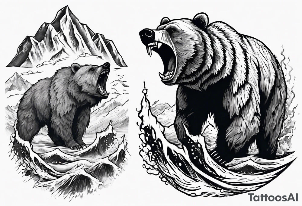 A growling grizzly bear standing and inside a realistic depiction of the triglav mountain in slovenia and under the sea pounding the mountain. All inside the bear tattoo idea