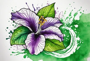 An outline of an only green rio dipladenia flower and a green and purple watercolor splash in the background tattoo idea