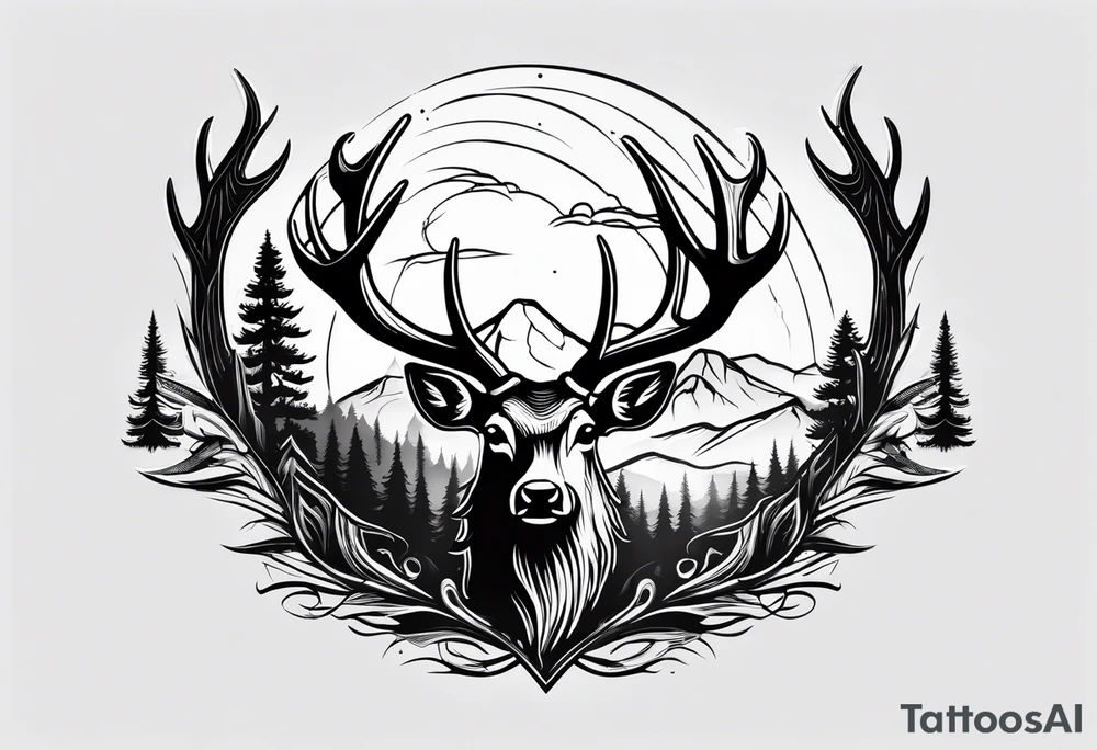 antler with fir tree tattoo idea