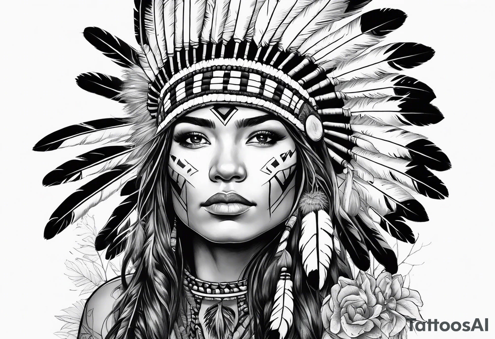 Native American, using a Native American war bonnet, with plants and nature behind her, half sleeve tattoo idea