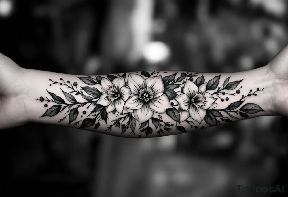 starting from a band mid-forearm, a sleeve of holly flowers and daffodils tattoo idea