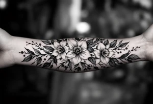 starting from a band mid-forearm, a sleeve of holly flowers and daffodils tattoo idea