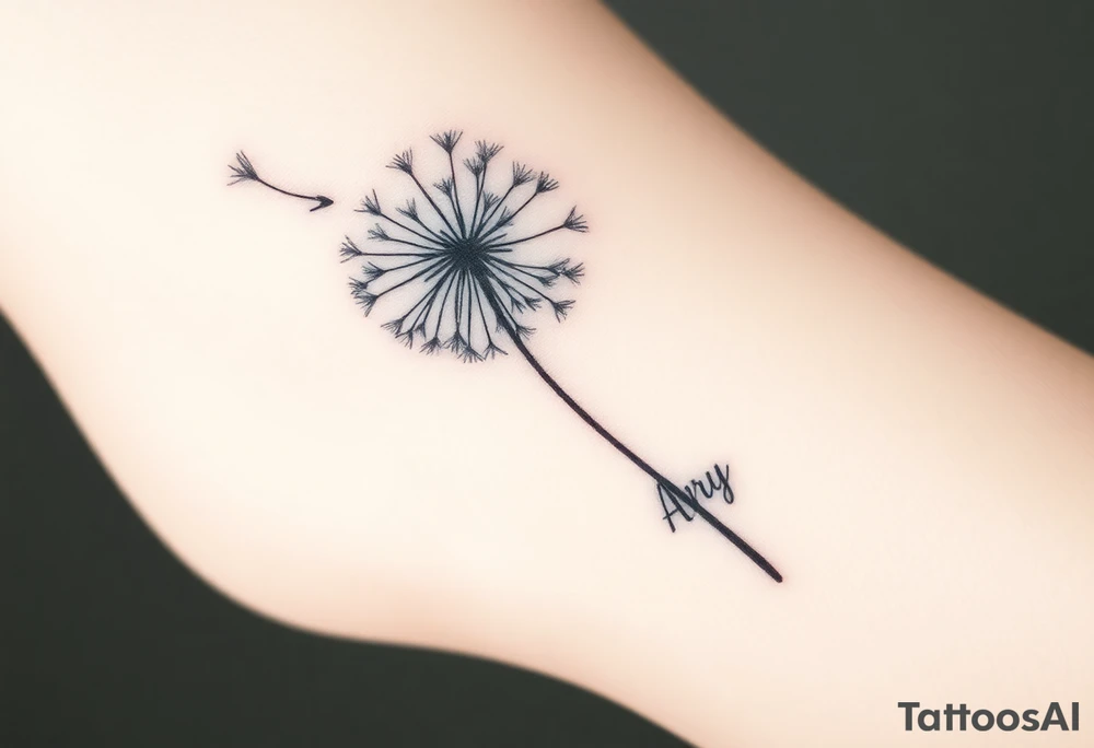 Smaller Realistic dandelion flowing to wind upward fashion with words (Rix, Rys & Ari) on stem in beautiful cursive tattoo idea