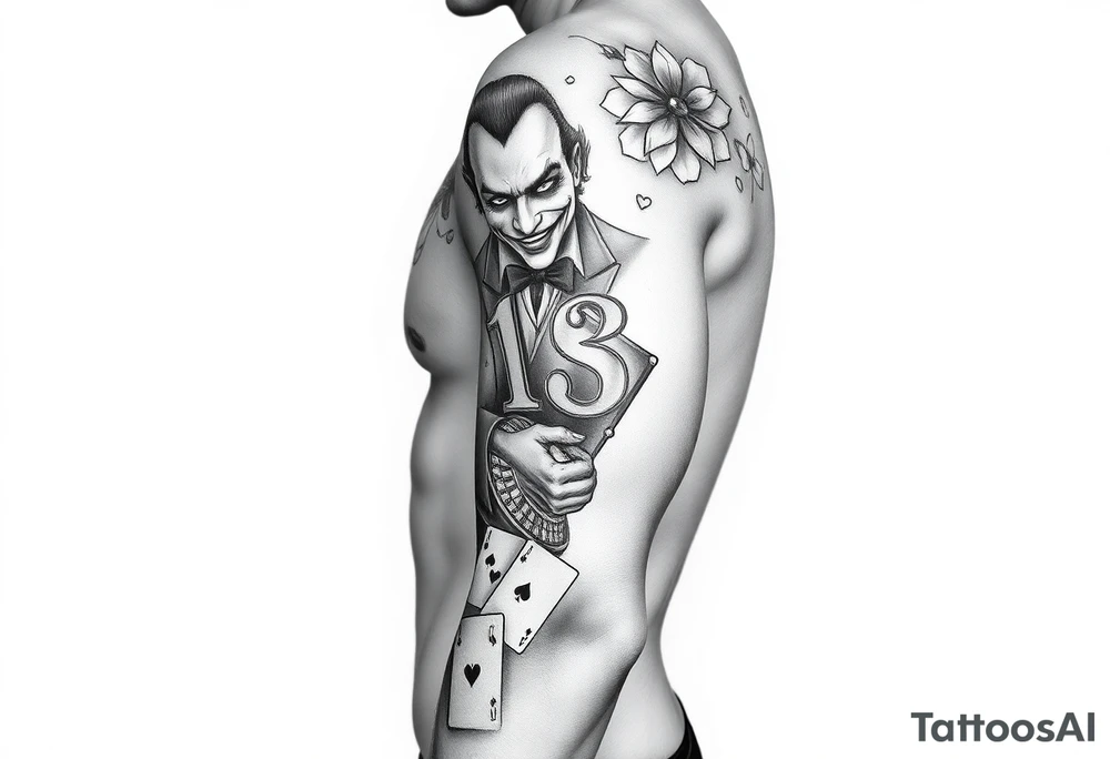 Gambling theme with the joker number 13 with roulette table slot machines and cards tattoo idea