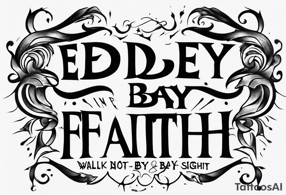 Horizontal inner bicep tattoo. “walk by faith, not by sight” stairwell wrapping around the quote. This design captures the essence of the journey guided by faith. tattoo idea